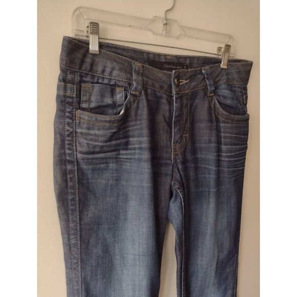 Calvin Klein Lean Bootcut Jeans Women's 8 Blue Mid Rise Stretch 33x32 Whiskered - Picture 8 of 16